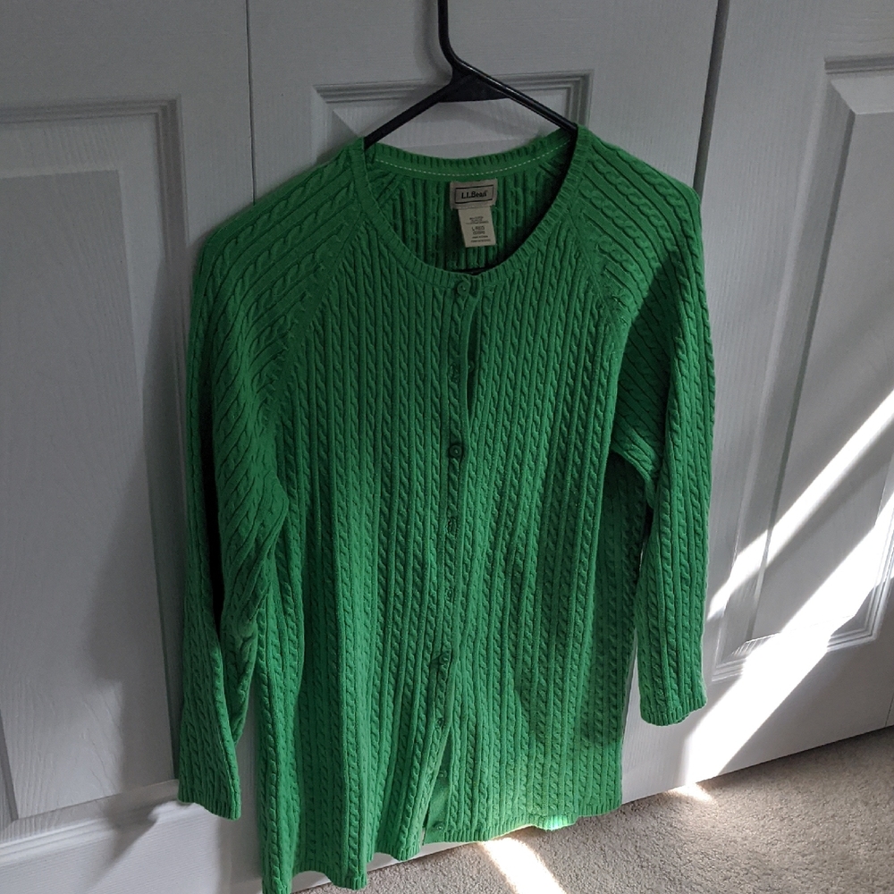 L.L. Bean Green Cardigan with Fringe Detail